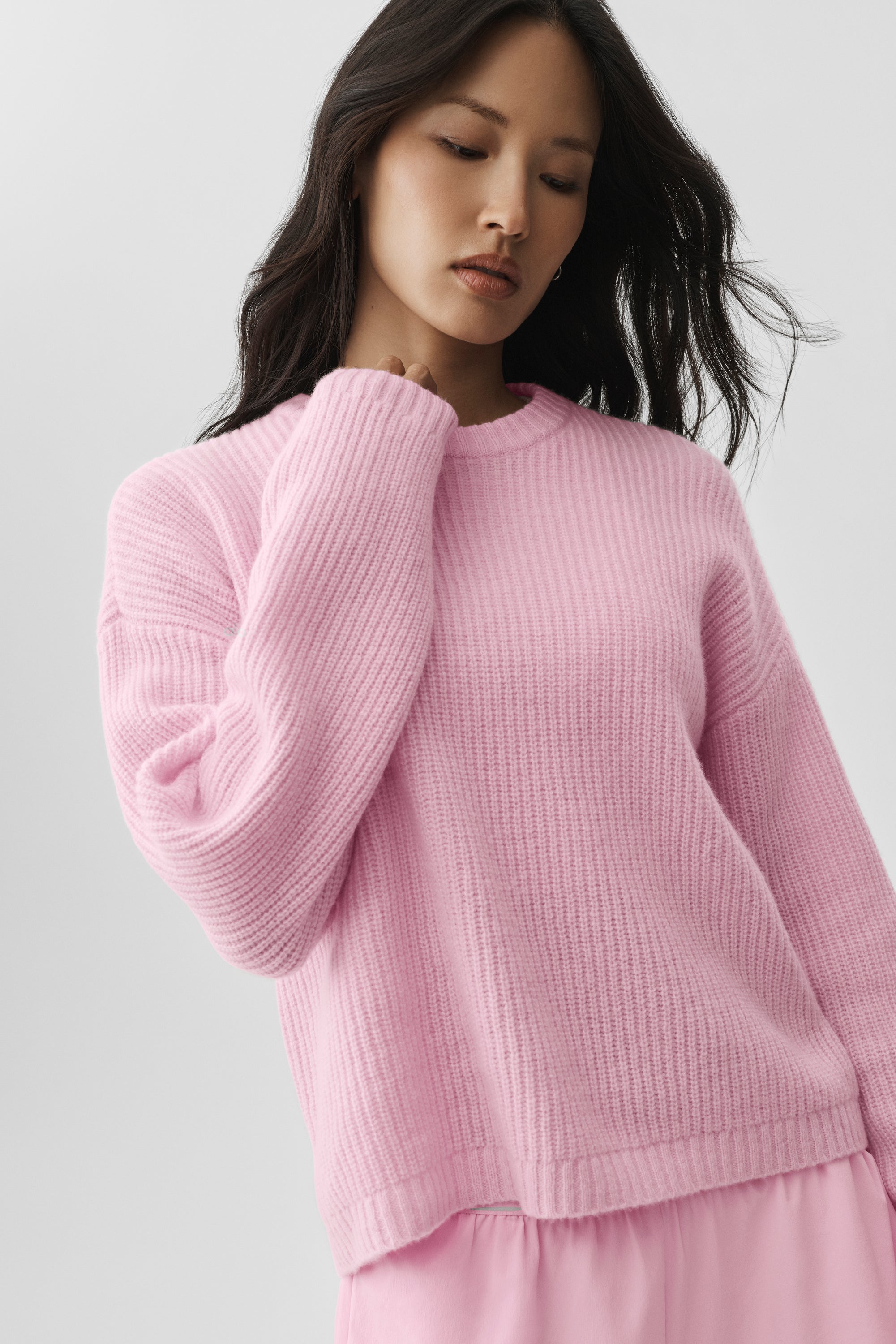 Wool Cashmere Ribbed Noble Crewneck Sweater - Pink Marshmallow