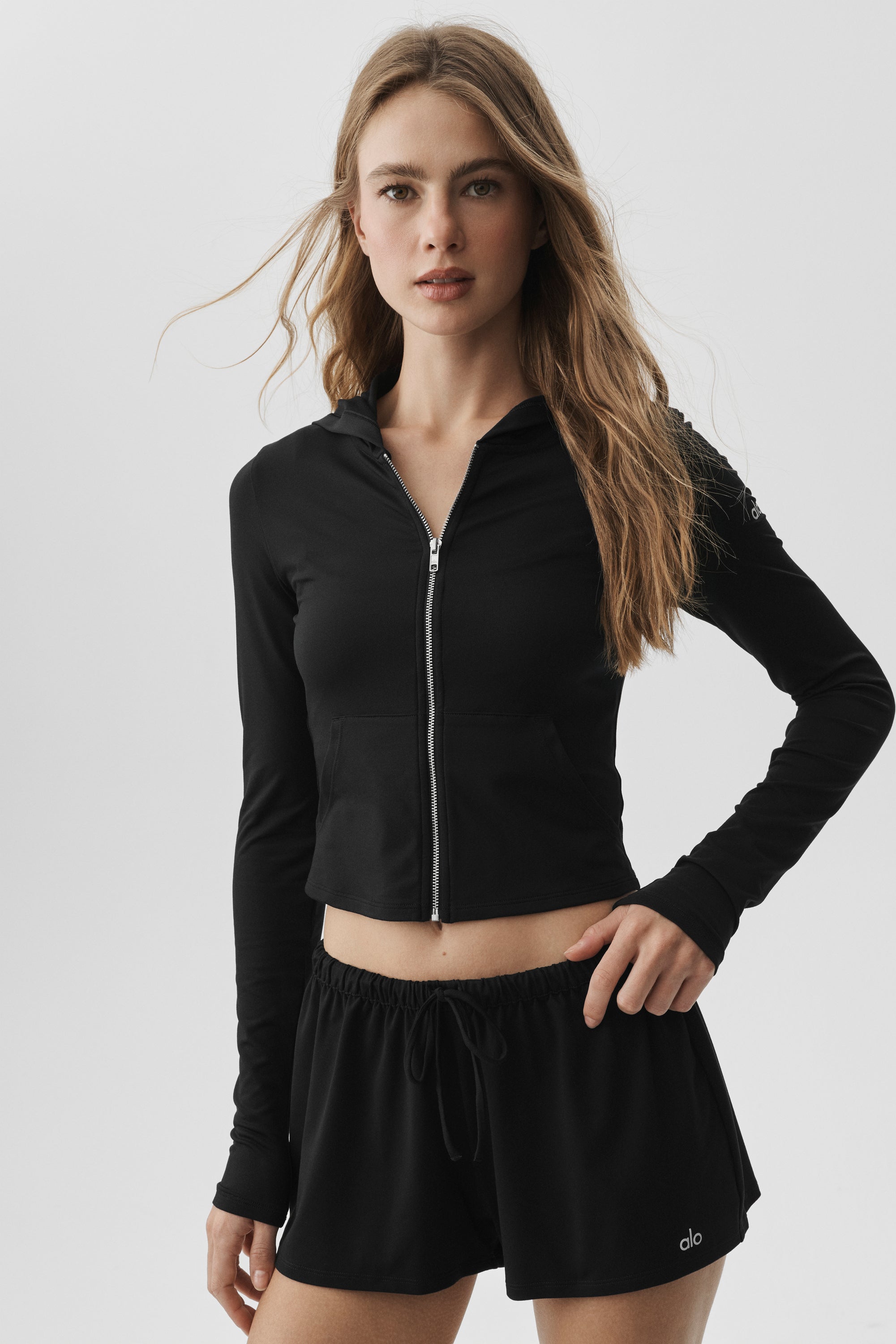 Alosoft Finesse Full Zip Fitted Hoodie - Black