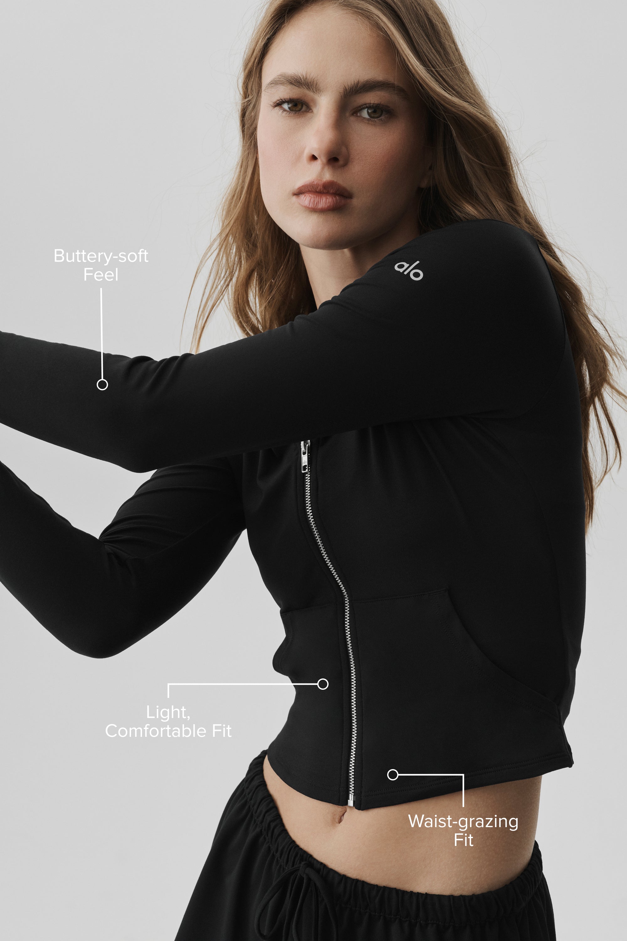 Alosoft Finesse Full Zip Fitted Hoodie - Black